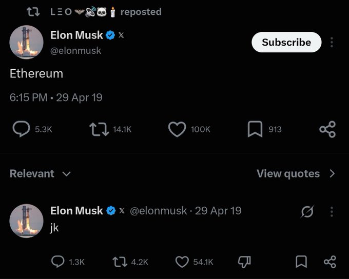 A screenshot of a reposted tweet from Elon Musk (@elonmusk) from April 29, 2019, simply reading 'Ethereum' with 100K likes, followed by a reply 'jk'.