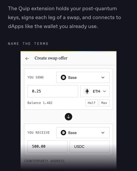 A mobile UI screenshot describing a Quip extension for post-quantum keys, showing a 'Create swap offer' screen to trade 0.25 ETH for 500.00 USDC.