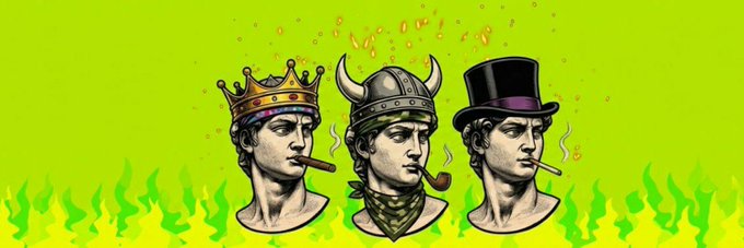 An illustration showing three busts with a king wearing a crown, a warrior with a horned helmet, and a man in a top hat, all smoking cigars against a green flame background.
