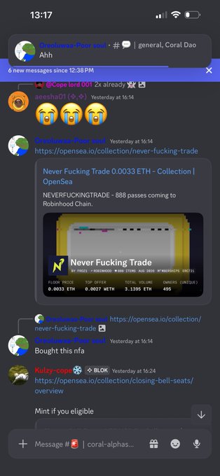 A Discord chat screenshot showing messages about an OpenSea NFT collection called 'Never Fucking Trade' with floor price 0.0033 ETH and a related 'Closing Bell Seals' overview link.