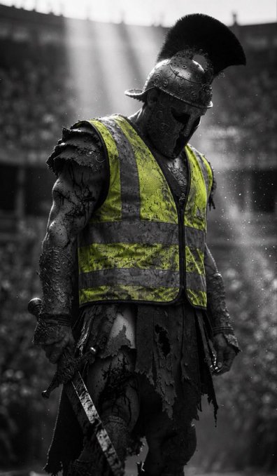 A gritty black-and-white image of a bloodied, battle-worn warrior wearing a Roman-style helmet with a mohawk crest and a yellow high-visibility safety vest, holding a sword.