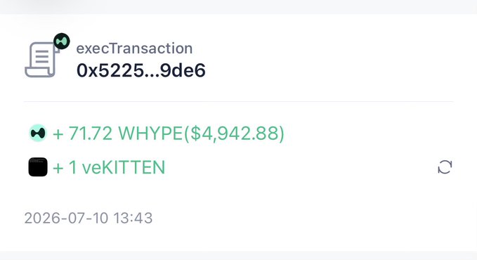 A blockchain transaction record showing 'execTransaction' for address 0x5225...9de6, with the wallet receiving +71.72 WHYPE ($4,942.88) and +1 veKITTEN, dated 2026-07-10 13:43.