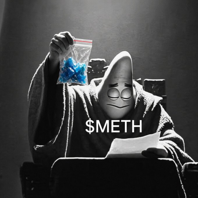 A black-and-white image of a meme figure in robes holding up a bag of blue crystals, overlaid with the text '$METH'.