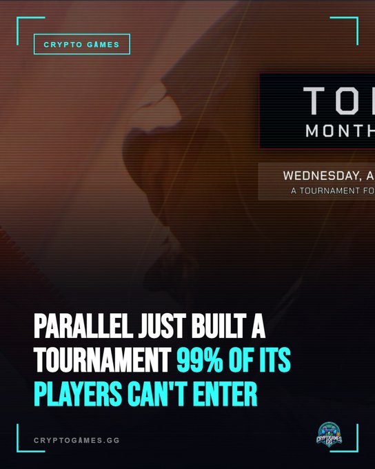 A CryptoGames graphic with text 'PARALLEL JUST BUILT A TOURNAMENT 99% OF ITS PLAYERS CAN'T ENTER' against a dark red background.