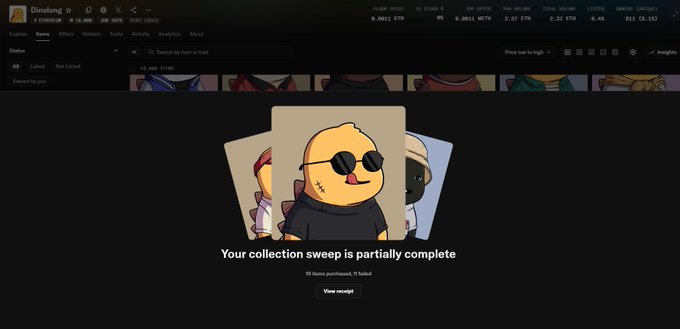 A computer screen displays a digital trading card collection page titled 'Dinoland,' showing a 'Your collection sweep is partially complete' message over a cartoon card featuring a yellow character with sunglasses.