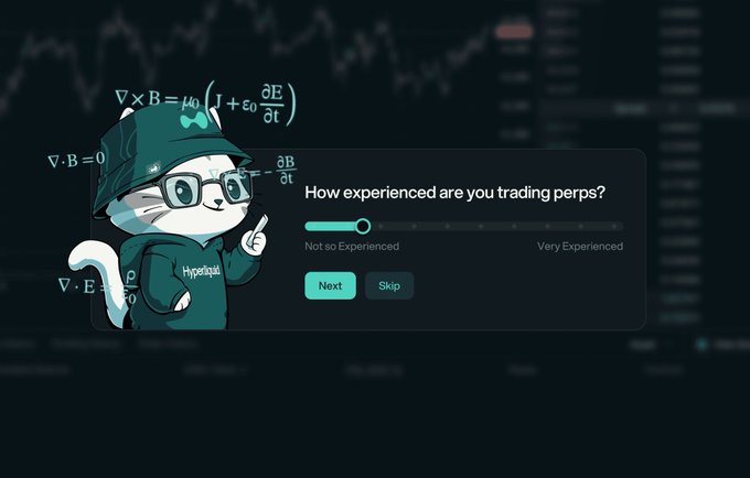 A trading onboarding screen asking 'How experienced are you trading perps?' with a slider from 'Not so Experienced' to 'Very Experienced', featuring a cartoon cat wearing a hoodie and glasses with Maxwell's equations floating around.