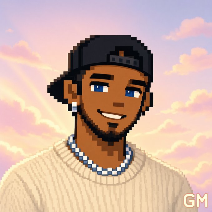 A pixel art illustration of a smiling man wearing a backwards black cap, a beaded necklace, and a beige sweater against a pink sunset sky, with a 'GM' logo in the corner.