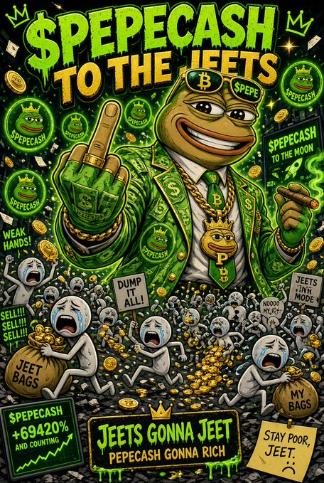 A vibrant meme-style illustration featuring a Pepe the Frog character in a green suit with a 'P' medallion, captioned '$PEPECASH TO THE JEETS' with text like 'DUMP IT ALL!' and 'JEETS GONNA JEET, PEPECASH GONNA RICH'.