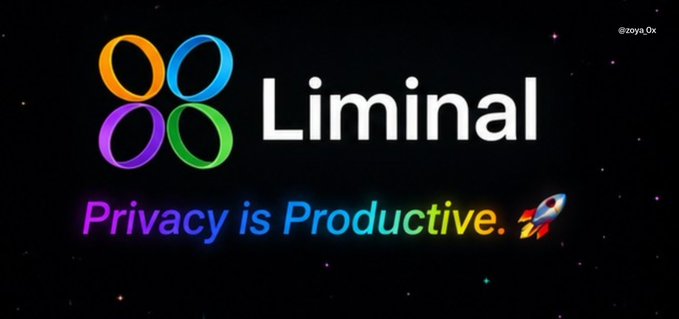 A colorful Liminal logo appears with the slogan “Privacy is Productive.” and the handle “@zoya_0x.”
