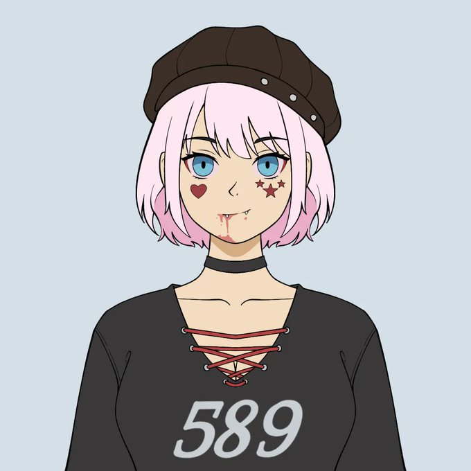 The image depicts an anime character wearing a black top and hat, standing against a light blue background. The character has pink hair styled in a bob and is wearing a black shirt with the number 589 displayed on it. The character also has a heart tattoo on her wrist.