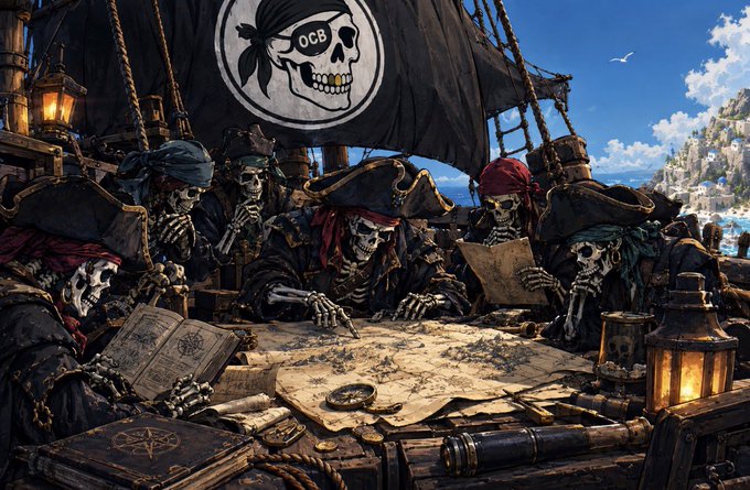 A crew of skeletal pirates gather around a weathered treasure map on a ship deck, with one prominently displaying the classic Jolly Roger skull-and-crossbones flag featuring the letters "OCB" across the eyes, humorously depicted as the undead crew taking a study break together.