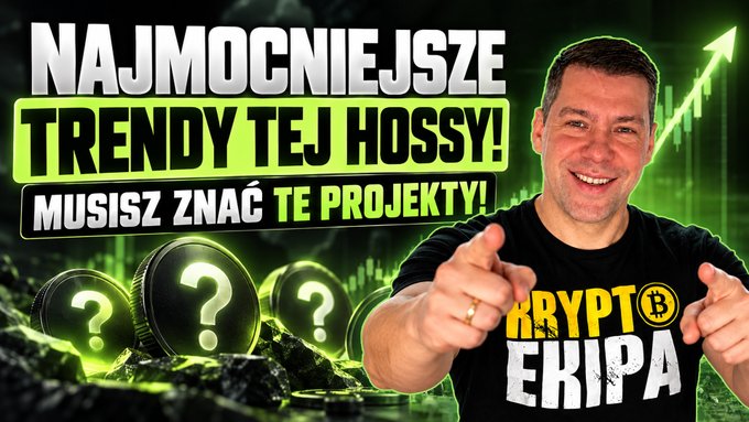 A YouTube thumbnail in Polish reads 'NAJMOCNIEJSZE TRENDY TEJ HOSSY! MUSISZ ZNAĆ TE PROJEKTY!' featuring a smiling man in a 'Krypto Ekipa' Bitcoin t-shirt pointing at the camera, with coin graphics and an upward arrow.