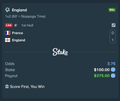A mobile sports betting app interface showing live games including England vs Senegal (60:00) with odds, and a "Spire Poker, Table Win" entry showing $150.00 / $215.00.