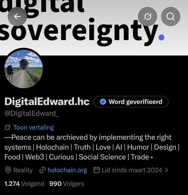 A social media profile page for 'DigitalEdward.hc' (@DigitalEdward_) with a verified checkmark, displayed in Dutch, listing interests including Holochain, Truth, AI, and Web3, with 990 followers.