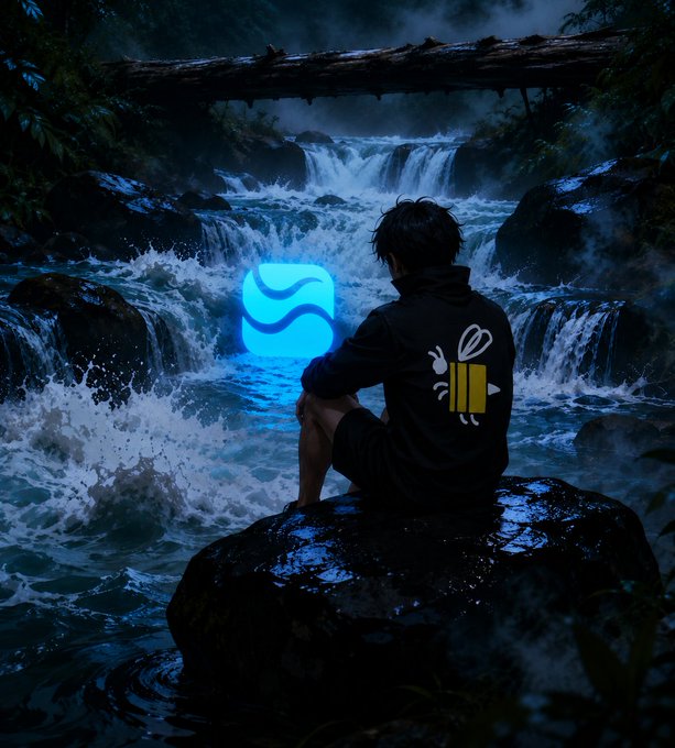 A person in a dark hoodie sits on a rock by a flowing waterfall at night, with a glowing blue app icon and an Adidas logo visible on their back.