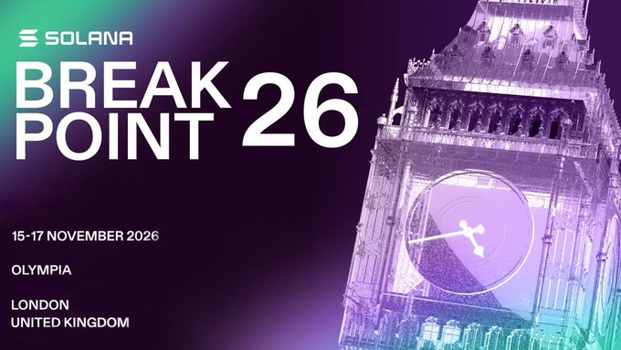 A promotional graphic for the 'SOLANA BREAKPOINT 26' event scheduled for '15-17 NOVEMBER 2026' at Olympia in London, featuring a stylized image of a clock tower.