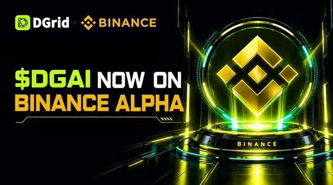 A promotional banner announces '$DGAI NOW ON BINANCE ALPHA,' featuring the Binance and DGrid logos alongside a glowing golden BNB coin.