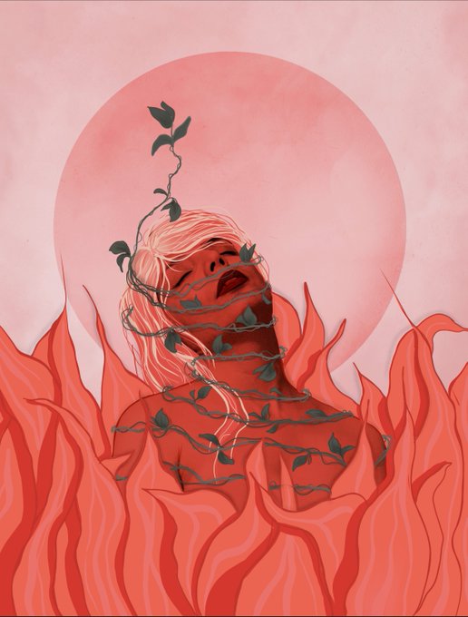 An artistic illustration of a woman with flowing blonde hair surrounded by green vines and red-orange flames against a large pink circular sun.