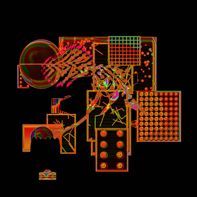 An abstract glitch-art style digital image with neon orange, red, and green shapes including circles, grids, and geometric patterns against a black background.