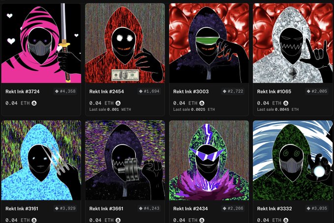 The image displays eight Rekt Ink NFT listings (#3724, #2454, #3003, #1065, #3161, #3661, #2434, #3332) priced at 0.04 ETH each, featuring various hooded character designs. The accompanying post suggests that Rekt Ink NFTs could be the next trend in NFT collectibles, similar to how $ICAT and Quotron NFTs have gained momentum, with the author indicating a recent purchase.