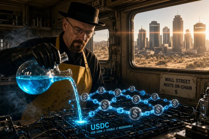 A Walter White-like figure in a lab pouring blue liquid onto a blockchain network, with text 'USDC', 'USD COIN // STABLE // REDEEMABLE', and 'WALL STREET MEETS ON-CHAIN $' visible, alongside skyscrapers labeled with crypto/stablecoin-related names.