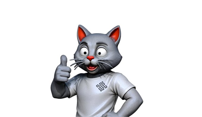 A 3D-rendered cartoon gray cat giving a thumbs up while wearing a white t-shirt with a QR code on it.