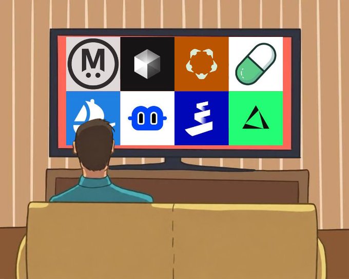 A cartoon illustration shows a person sitting on a yellow couch watching a television screen displaying a grid of various crypto and tech logos including Monero, a cube, a recycling symbol, a pill, and others.