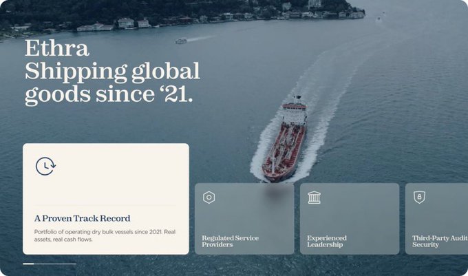 A website banner for 'Ethra' reads 'Shipping global goods since '21' over an aerial view of a cargo ship at sea, with sections highlighting 'A Proven Track Record', 'Regulated Service Providers', 'Experienced Leadership', and 'Third-Party Audit Security'.
