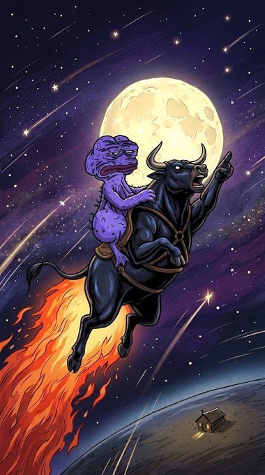 Digital artwork depicting a horned black bull riding through a starry sky with flames trailing behind, carrying a purple creature on its back toward the moon.