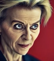 A close-up stylized portrait of an older woman with short blonde hair and wide eyes against a red background.