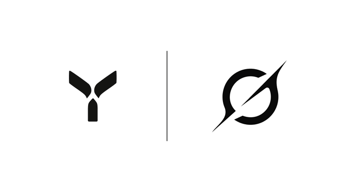 Two black-and-white minimalist logos separated by a vertical line, one resembling a stylized 'Y' and the other a circular emblem with a slash.