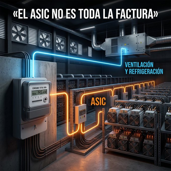 A Spanish-language infographic titled '«EL ASIC NO ES TODA LA FACTURA»' showing a mining facility with neon labels pointing to 'VENTILACIÓN Y REFRIGERACIÓN' and 'ASIC' components, with a meter reading '145 kW'.