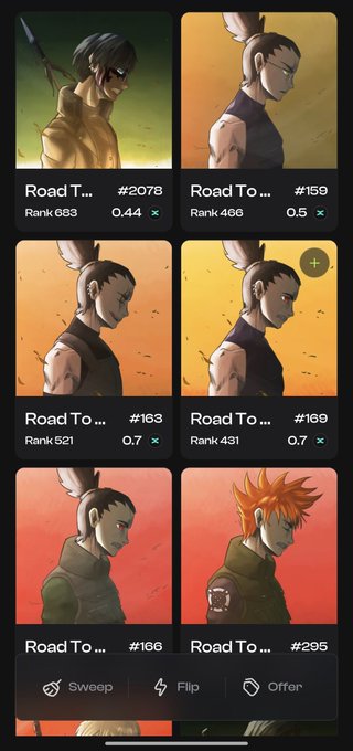 A mobile app interface showing a grid of six NFT listings for an anime character, all titled 'Road To...', with varying ranks, prices, and a bottom menu featuring 'Sweep', 'Flip', and 'Offer' options.
