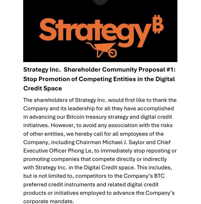 The image shows a white background with black text that reads "Strategy Inc. Shareholder Community Proposal #1 Stop Promotion of Competing Entities in the Digital Credit Space". The text also includes several mentions of companies, such as Strategy Inc., Shareholders Inc., and others.