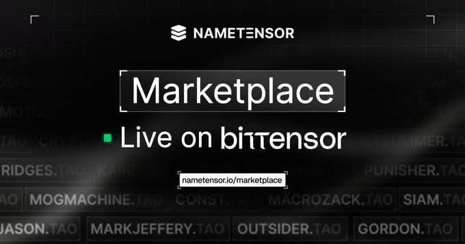 A promotional banner for Nametensor announcing their Marketplace is live on bittensor, with the URL nametensor.io/marketplace displayed.