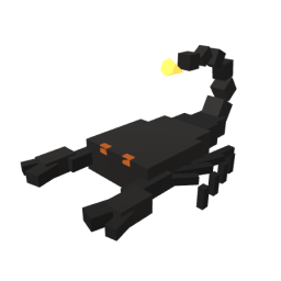 A low-poly 3D voxel-style rendering of a black scorpion with orange accents and a glowing yellow stinger, displayed against a white background.