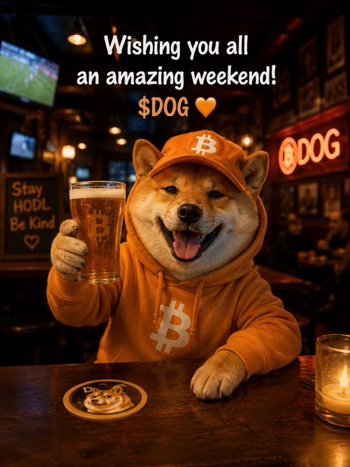 An AI-generated meme shows a Shiba Inu dog wearing an orange Bitcoin-branded hoodie and cap, holding a beer at a bar with text reading 'Wishing you all an amazing weekend! $DOG 🧡' and a 'Stay HODL Be Kind' sign in the background.