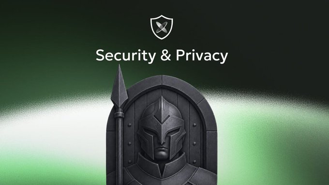 The image features a dark, stylized illustration of a knight's helmet and shield beside a spear, set against a green gradient background, with the text "Security & Privacy" and a small shield-and-sword icon above. The knight imagery reinforces the post's message about HeyAura prioritizing user data protection by keeping wallet balances and transaction history stored locally on the device.