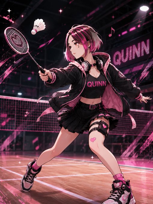 Anime-style illustration of a pink-haired character named 'Quinn' playing badminton on a court, wearing a black jacket and pleated skirt.