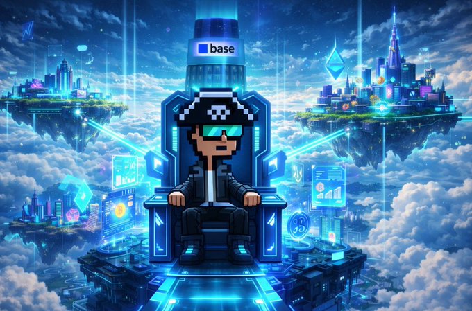 A pixel-art character wearing sunglasses sits on a futuristic throne with the 'base' logo displayed above, set against a cyberpunk cityscape of floating islands.