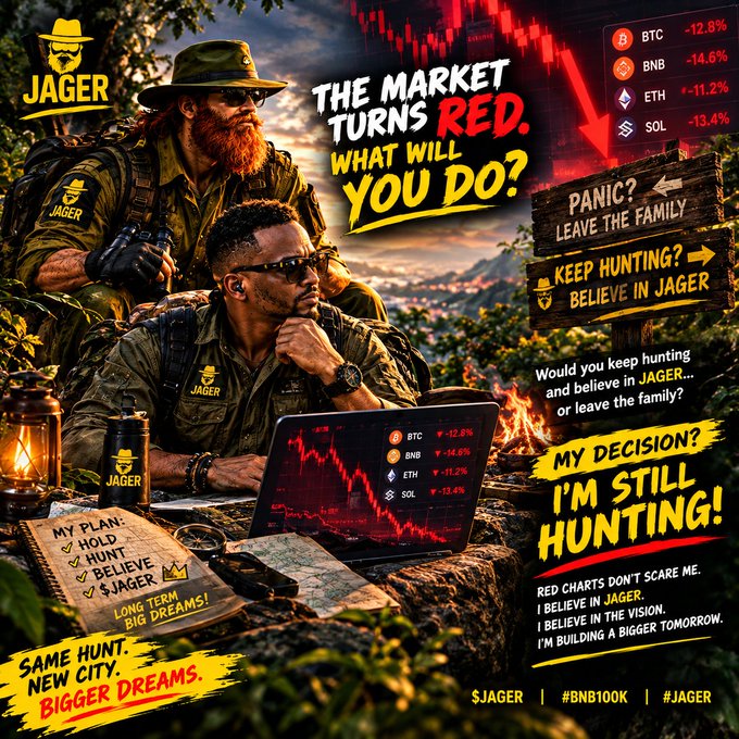 A promotional graphic for the $JAGER cryptocurrency token featuring men in hunter/outdoor attire with 'JAGER' logos, displaying red market charts with BTC -12.8%, BNB -14.6%, ETH -11.2%, and SOL -13.4%, alongside slogans like 'THE MARKET TURNS RED. WHAT WILL YOU DO?' and 'I'M STILL HUNTING!'.