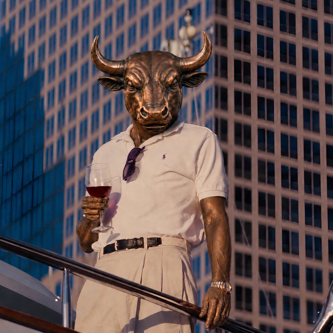 A bronze bull statue dressed in a white polo shirt, khaki pants, and sunglasses sips red wine while leaning against a railing, with a skyscraper behind it—the bull symbolizing bullish market sentiment ties into the $15 SOL crypto giveaway promotion encouraging engagement.