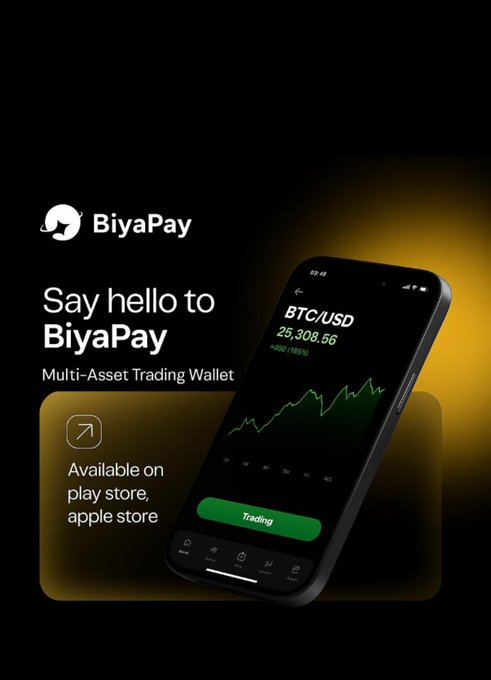 Promotional graphic for BiyaPay, a Multi-Asset Trading Wallet, featuring the tagline 'Say hello to BiyaPay' alongside a smartphone displaying a BTC/USD trading chart at 25,308.56 and 'Available on play store, apple store'.