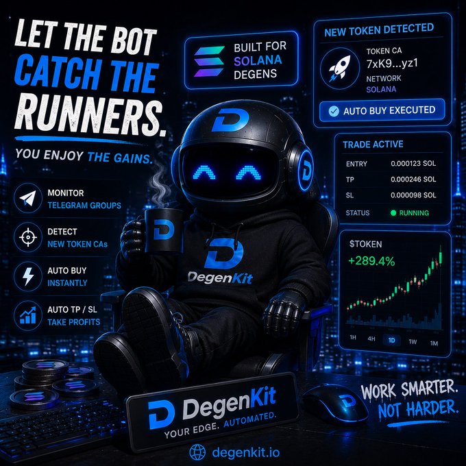 The image features a robot wearing a black suit, sitting at a desk with a keyboard and mouse nearby. The robot has a cup of coffee in its hand and appears to be engaged in a conversation or activity related to Telegram calls. The text on the image promotes the use of DegenKit for automated management of Telegram channels, suggesting that the robot is part of a strategy to catch up with the latest runners in the Telegram community.