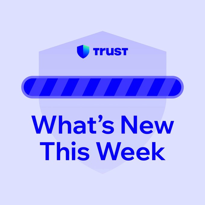 The image shows a Trust Wallet announcement graphic with a light purple background, featuring the Trust logo and shield icon at the top, a blue striped banner in the middle, and bold text reading "What's New This Week" — promoting recent updates including new Hyperliquid and Aster DEX markets, Cash App Pay via Moonpay on iOS, and a revamped perps deposit flow for self-custodial users.