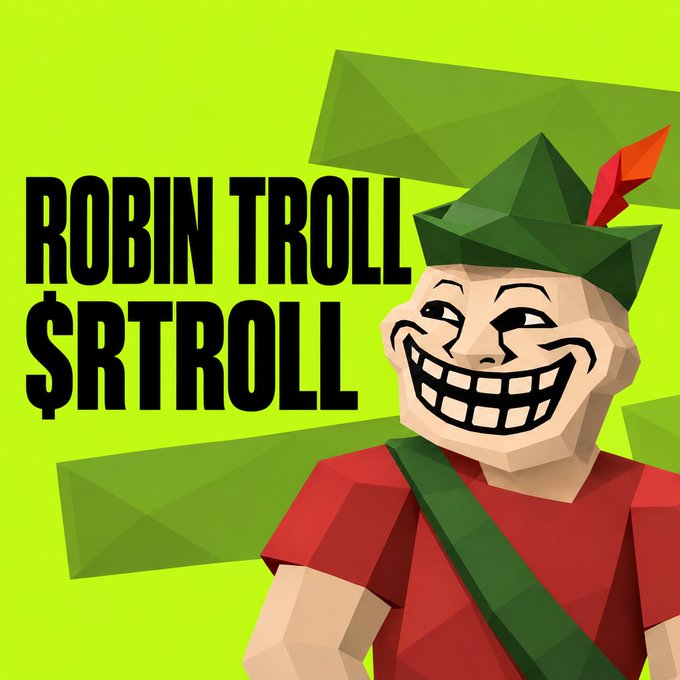 A graphic featuring a low-poly 3D character with a troll-face meme head wearing a green hat, alongside the text 'ROBIN TROLL $RTROLL' against a bright green background.