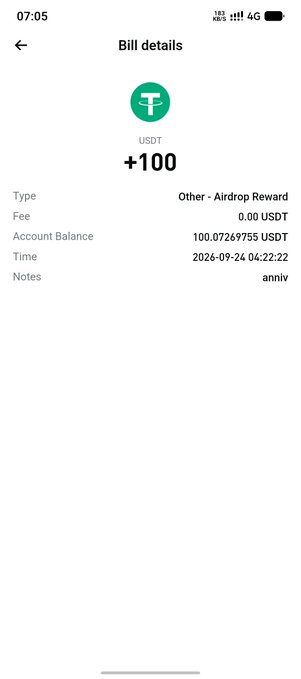 A mobile app screenshot showing a bill details page for a +100 USDT transaction, labeled as 'Other - Airdrop Reward' with a note reading 'anniv', dated 2026-09-24.