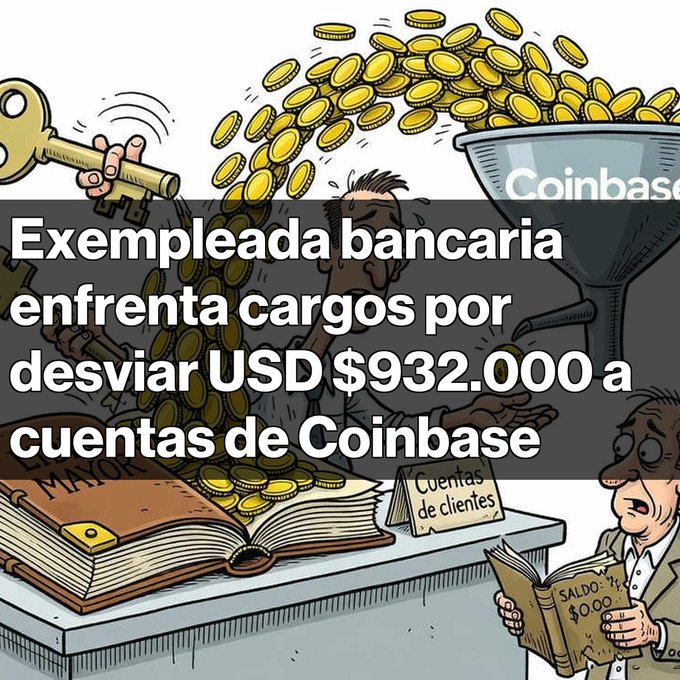 A cartoon illustration depicting gold coins flowing from a funnel labeled 'Coinbase' into a book labeled 'Cuentas de clientes', with overlay text reading 'Exampleada bancaria enfrenta cargos por desviar USD $932.000 a cuentas de Coinbase'.