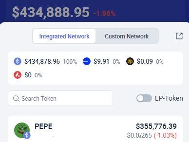 A cryptocurrency portfolio dashboard showing a balance of $434,888.95 (-1.96%) with holdings in ETH, DAI, and PEPE tokens, including PEPE at $355,776.39 ($0.0₂665, -1.03%).