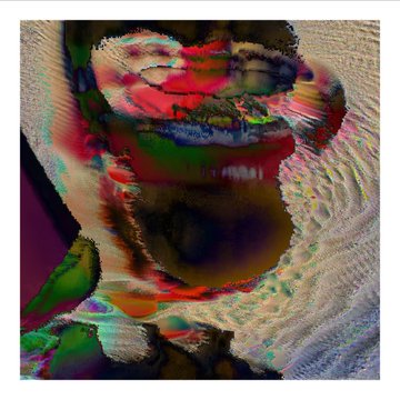 A heavily distorted, glitch-style abstract image with warped colors including pinks, greens, and dark tones.
